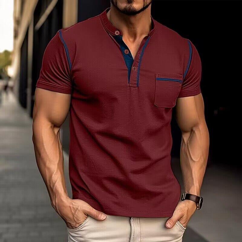 100% Cotton Colorblock Henley T-Shirt for Stylish Men Red T-Shirts