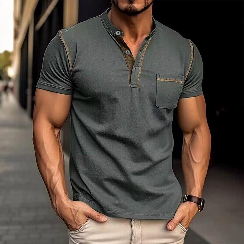 100% Cotton Colorblock Henley T-Shirt for Stylish Men Dark Gray T-Shirts