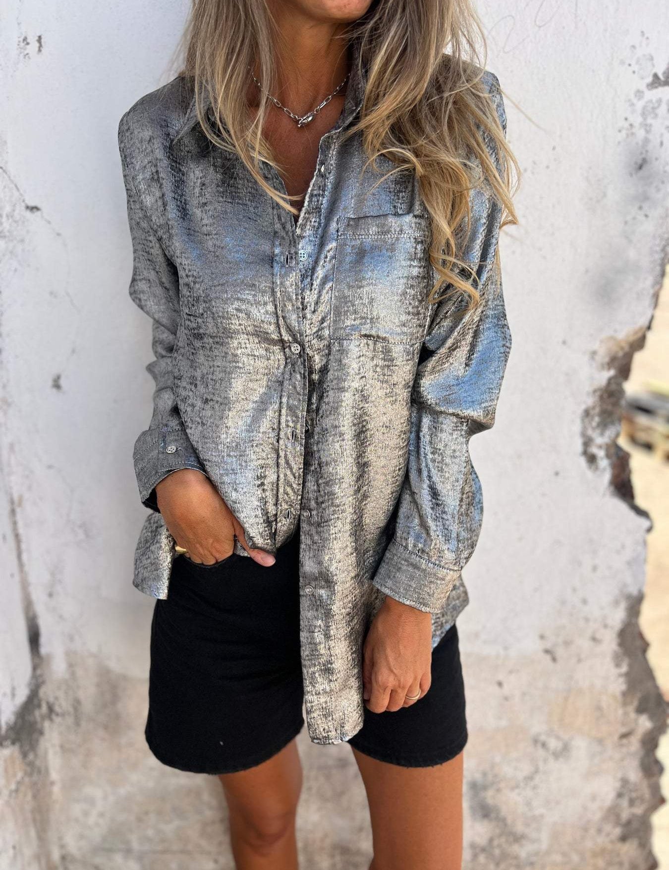 Ana | Metallic Trendy Blouse Dark silver Blouse
