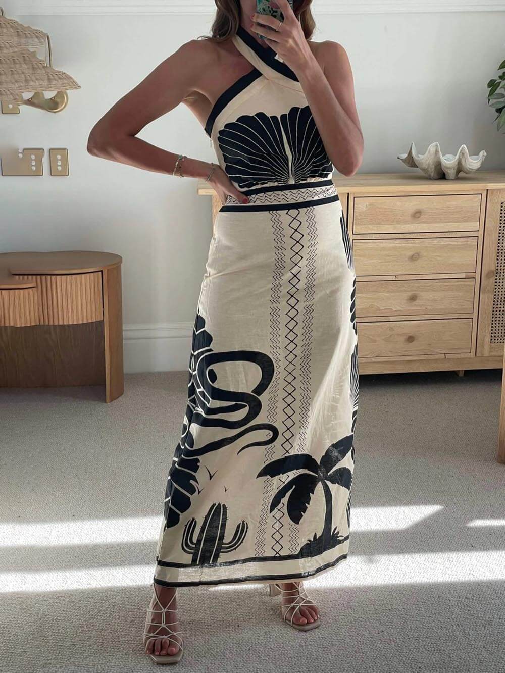 Elegant And Sexy Ethnic Print Slim-Fit Halter Neck Maxi Dress Black Dresses