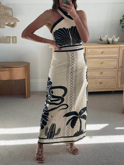 Elegant And Sexy Ethnic Print Slim-Fit Halter Neck Maxi Dress Black Dresses