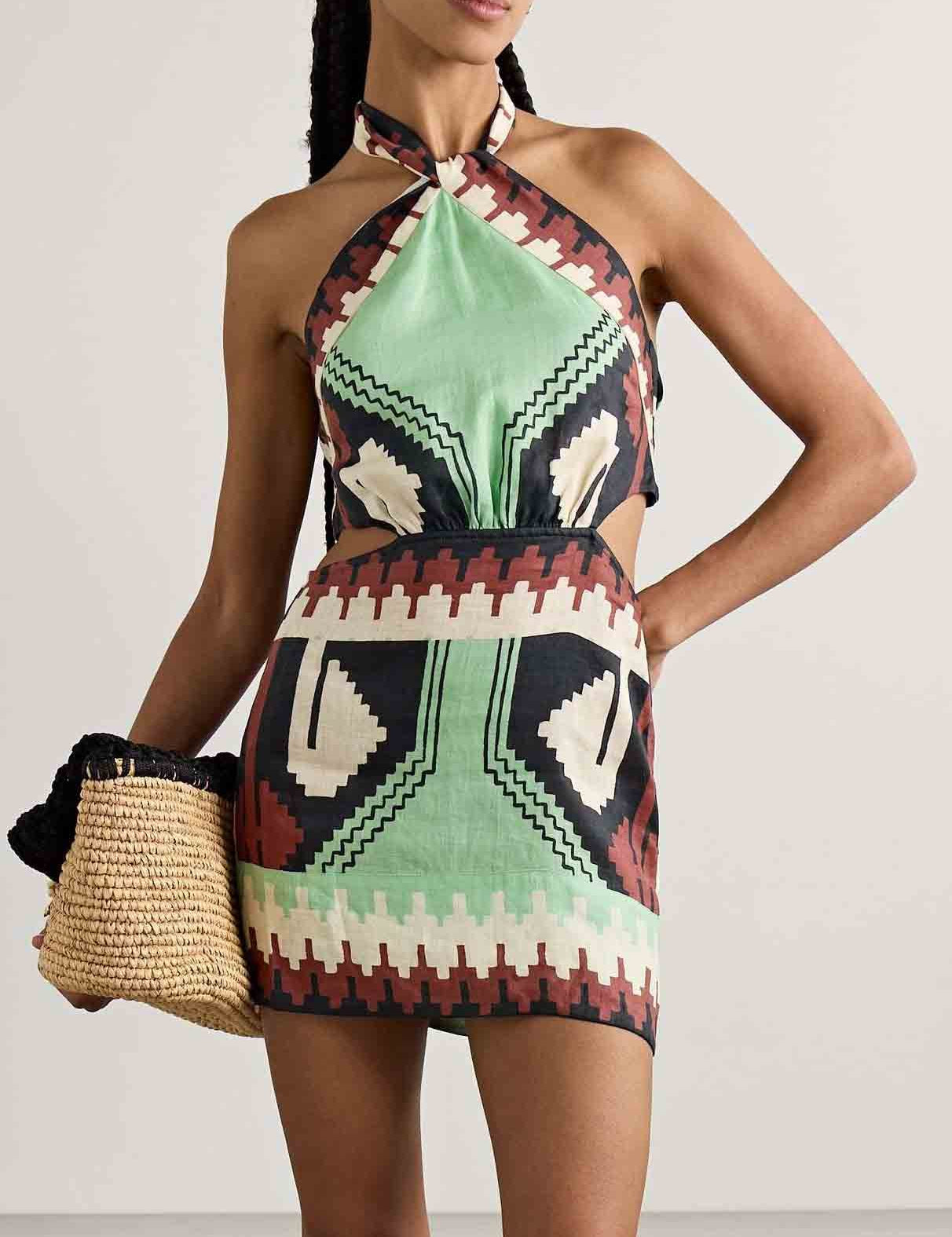 Unique Vintage Ethnic Print Backless Mini Dress Multicolor Dresses
