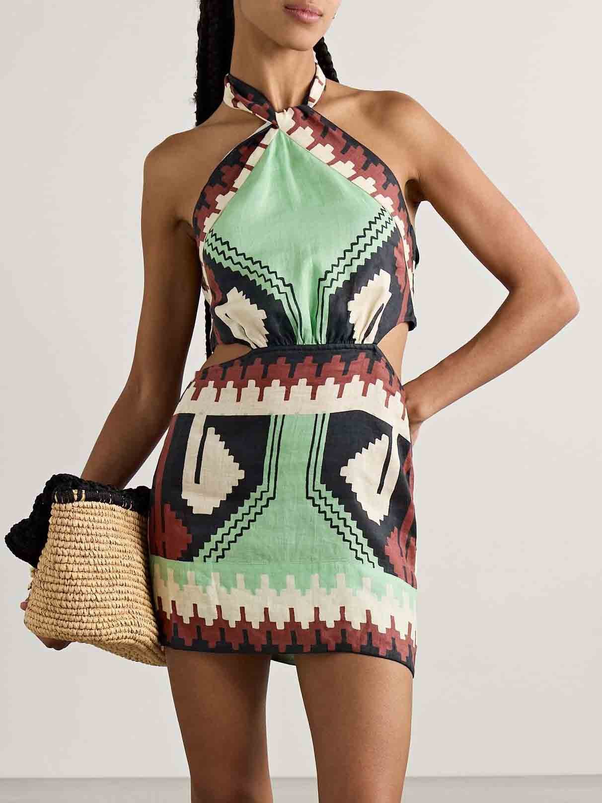 Unique Vintage Ethnic Print Backless Mini Dress Multicolor Dresses
