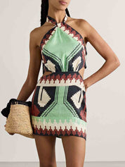 Unique Vintage Ethnic Print Backless Mini Dress Multicolor Dresses
