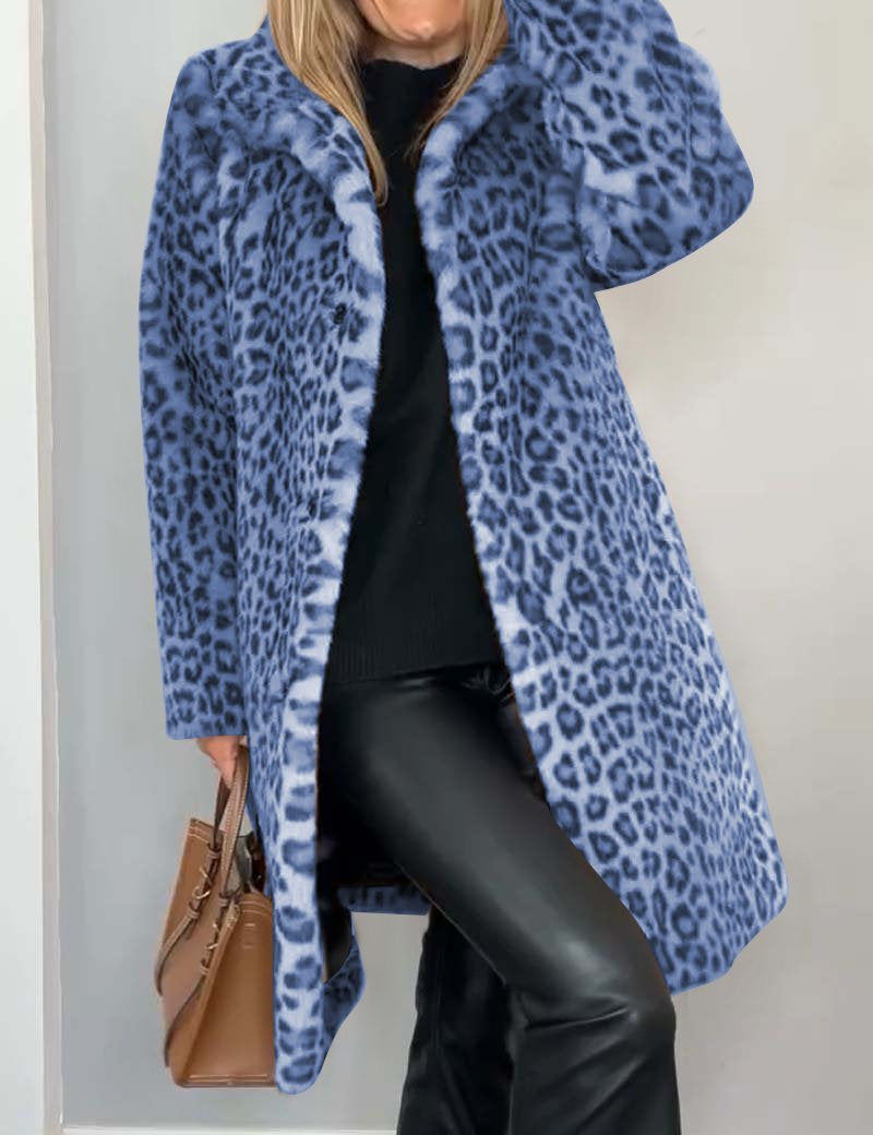 Chic Leopard Print Coat Blue Coats & Jackets
