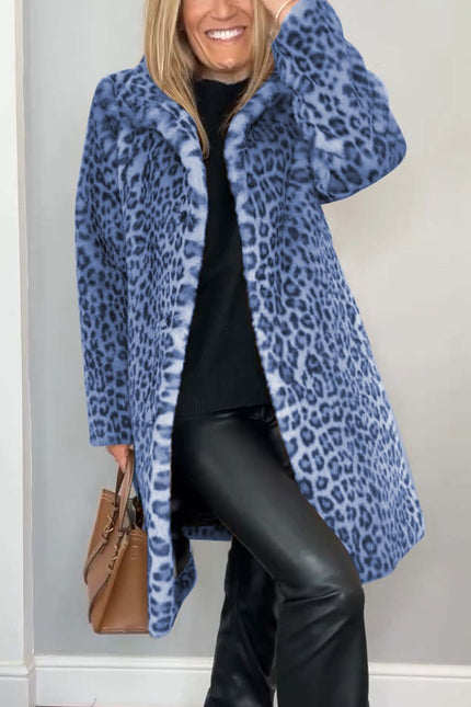 Chic Leopard Print Coat Blue Coats & Jackets