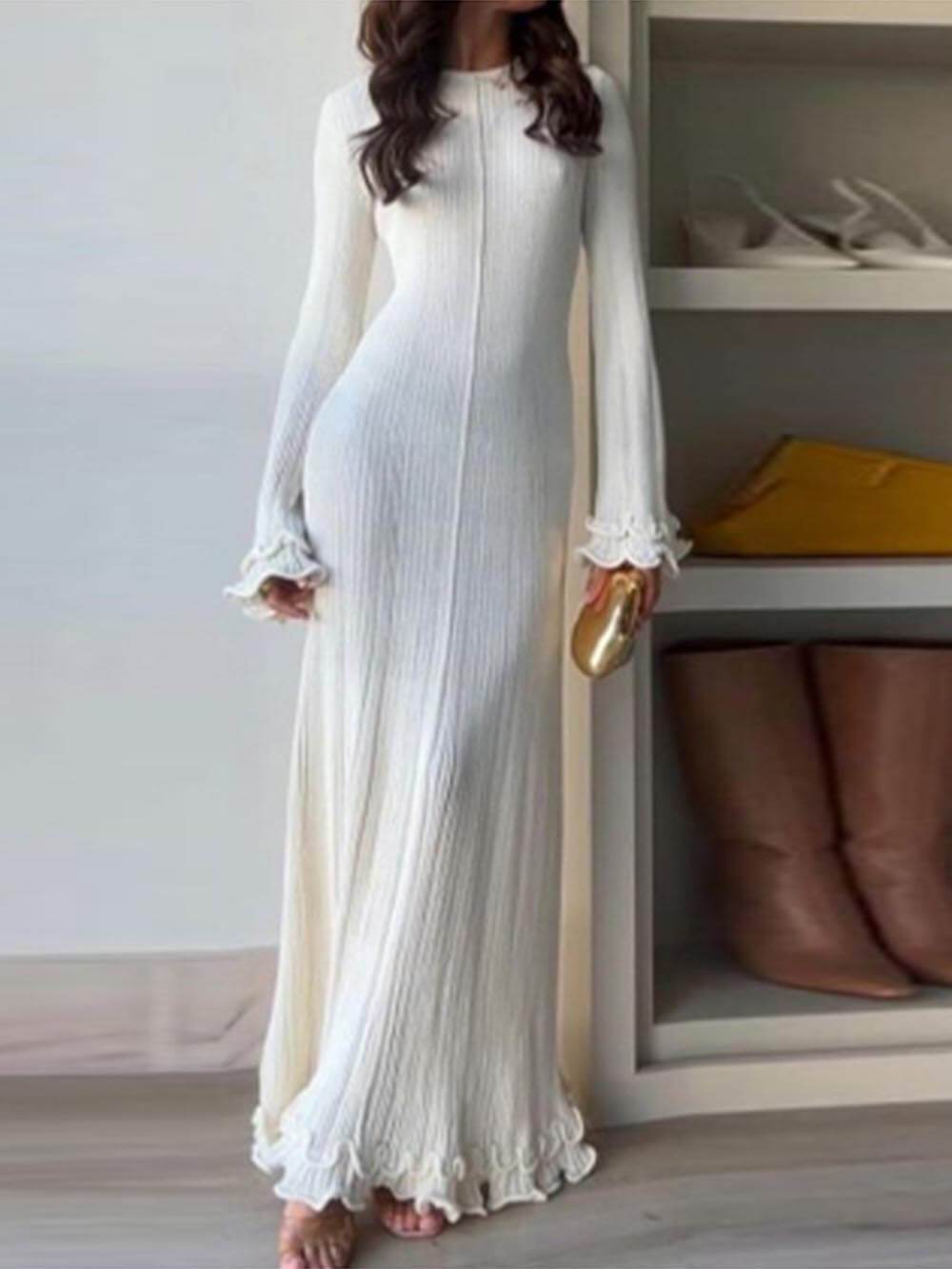Knitted Trumpet Sleeve Maxi Dress White Dresses