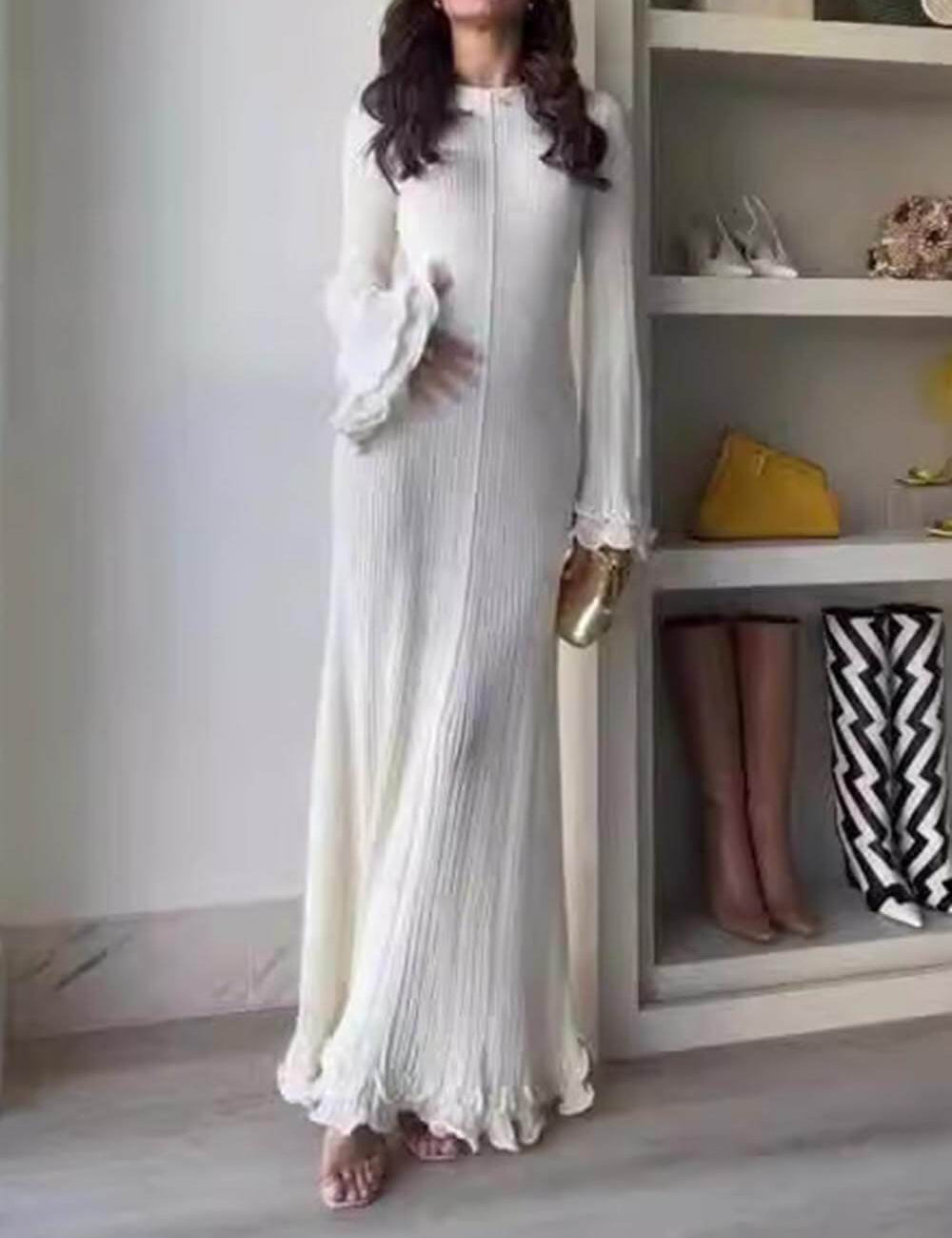 Elegant Trumpet Sleeves Rolled Hem Knitted Round Neck Maxi Dress Dresses