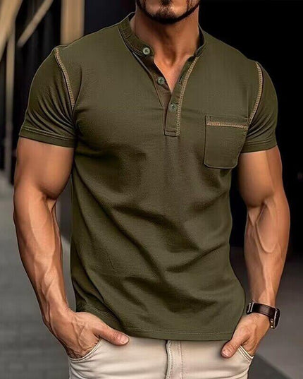100% Cotton Colorblock Henley T-Shirt for Stylish Men Army green T-Shirts