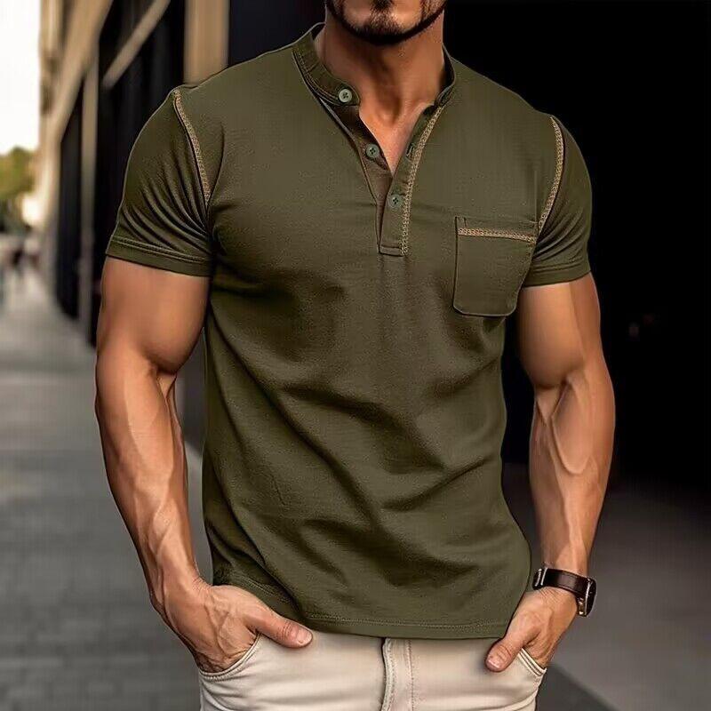 100% Cotton Colorblock Henley T-Shirt for Stylish Men Army green T-Shirts