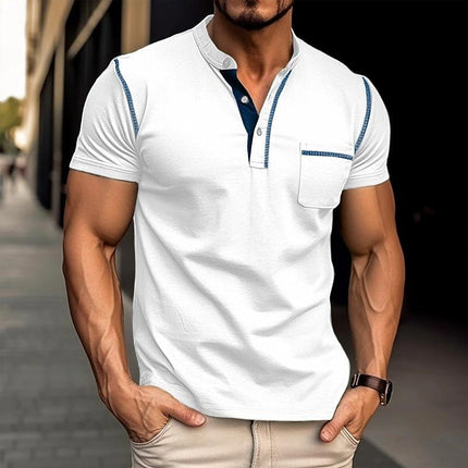 100% Cotton Colorblock Henley T-Shirt for Stylish Men White T-Shirts