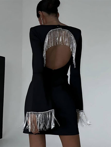 Party Time Imitation Diamond Chain Backless Mini Dress Black Dresses