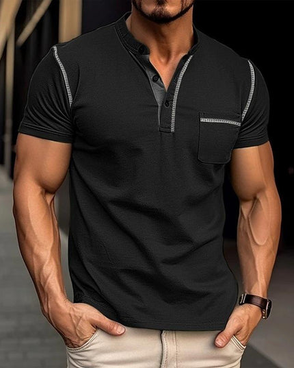 100% Cotton Colorblock Henley T-Shirt for Stylish Men Black T-Shirts