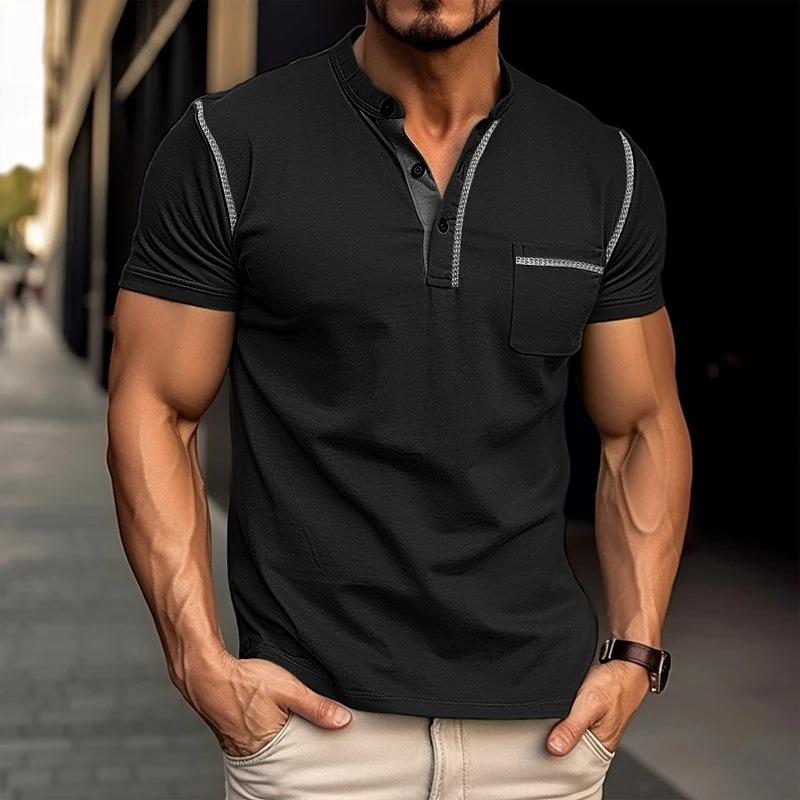 100% Cotton Colorblock Henley T-Shirt for Stylish Men Black T-Shirts