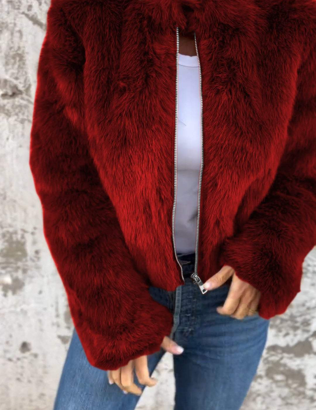 Women Faux Fur Jacket Red Jacket