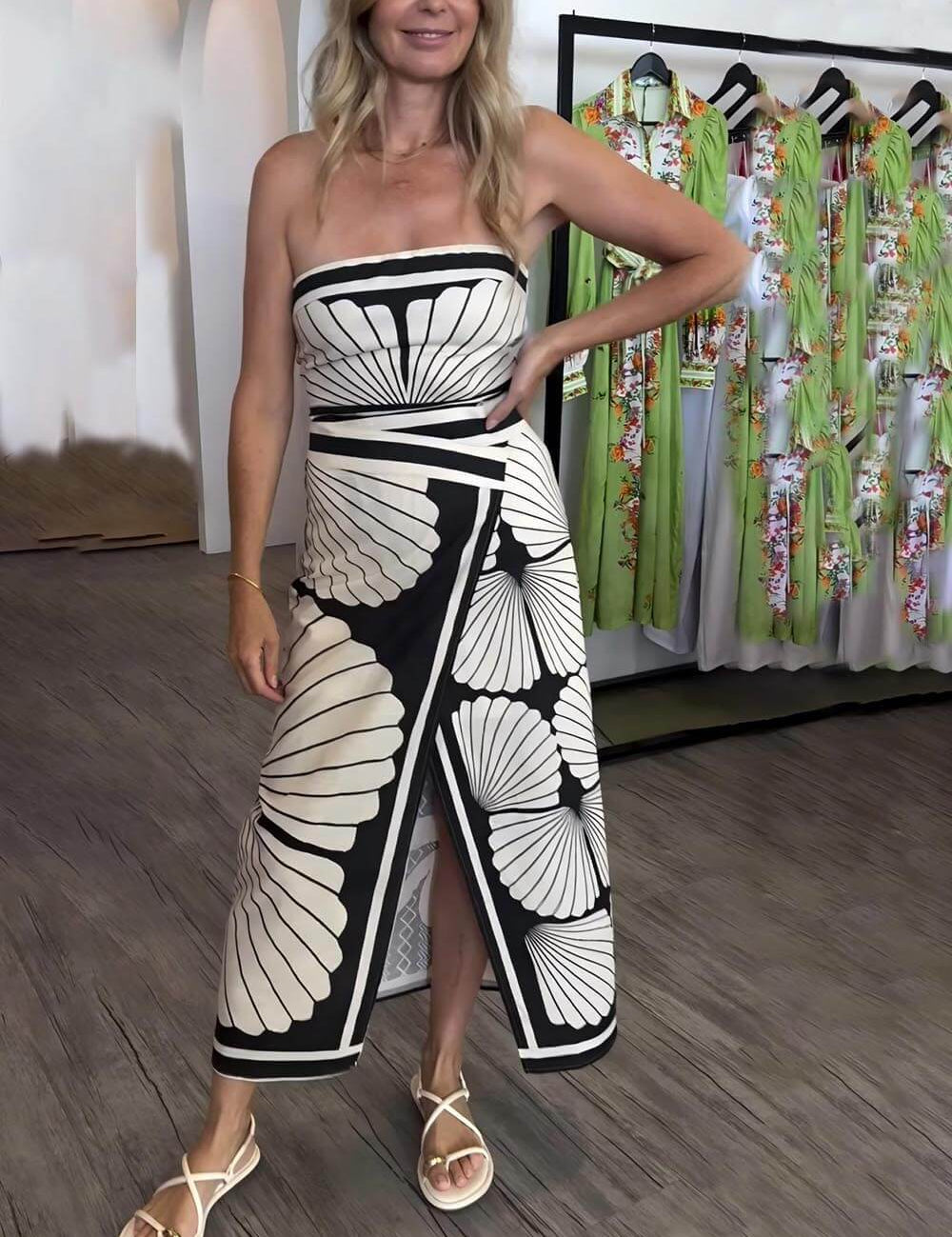 Unique Beautiful Floral Print Off-The-Shoulder Midi Dress Black Dresses