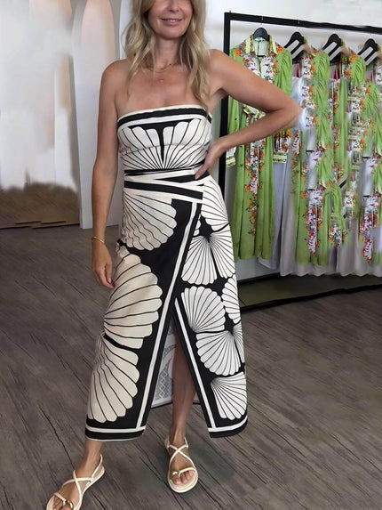 Unique Beautiful Floral Print Off-The-Shoulder Midi Dress Black Dresses