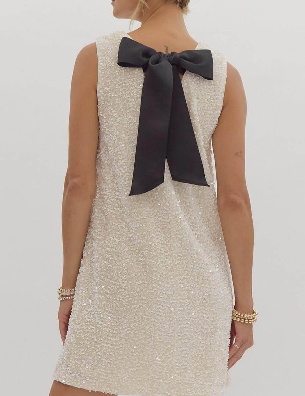 Sequined Tie-Back Bow Party Mini Dress White Dresses