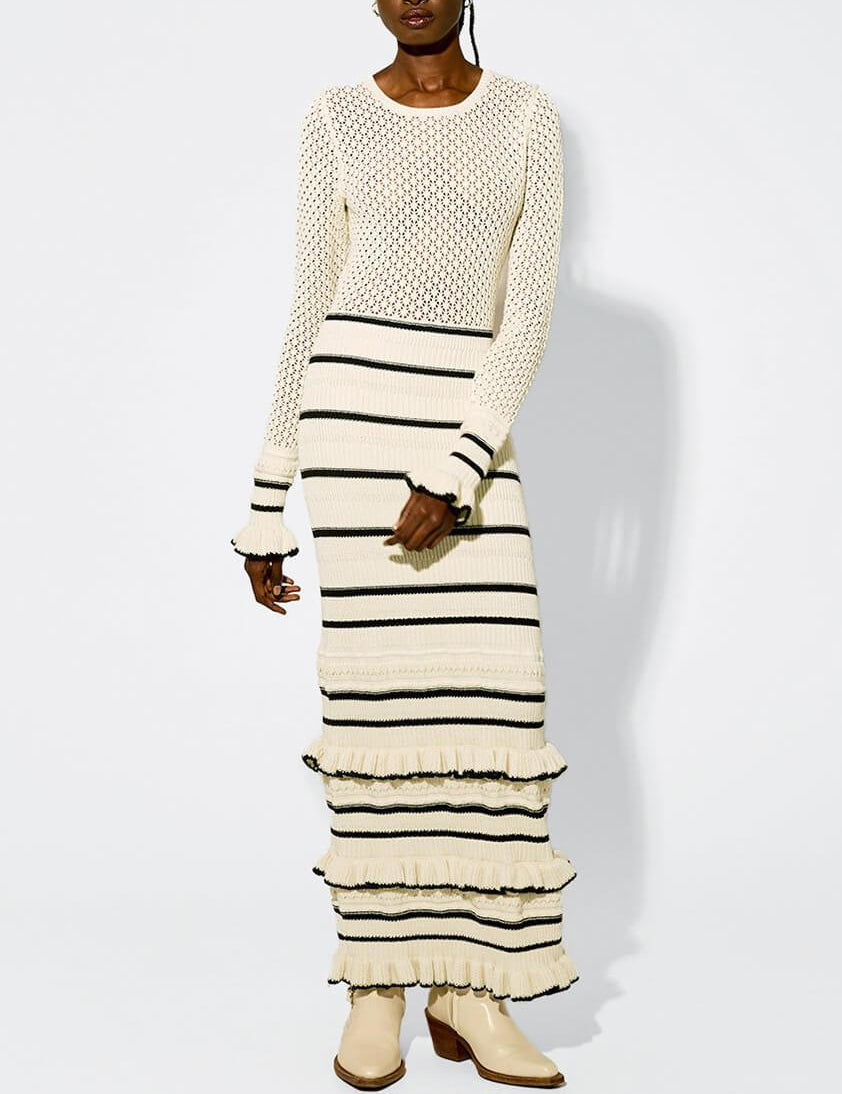 Knit Stripe Ruffle Long Sleeve Maxi Dress Dresses