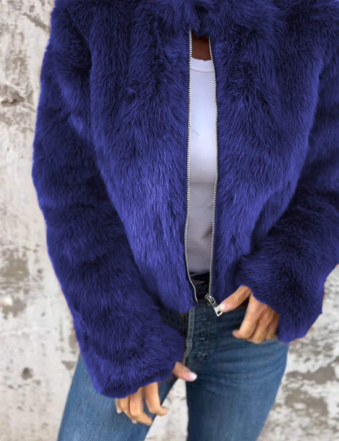 Women Faux Fur Jacket Blue Jacket