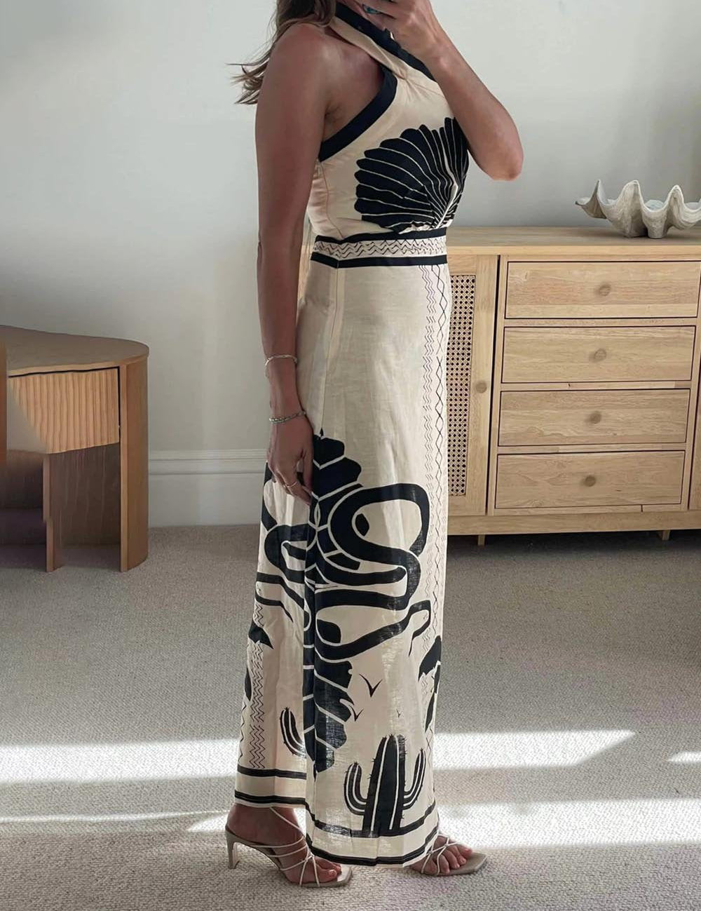 Elegant And Sexy Ethnic Print Slim-Fit Halter Neck Maxi Dress Dresses