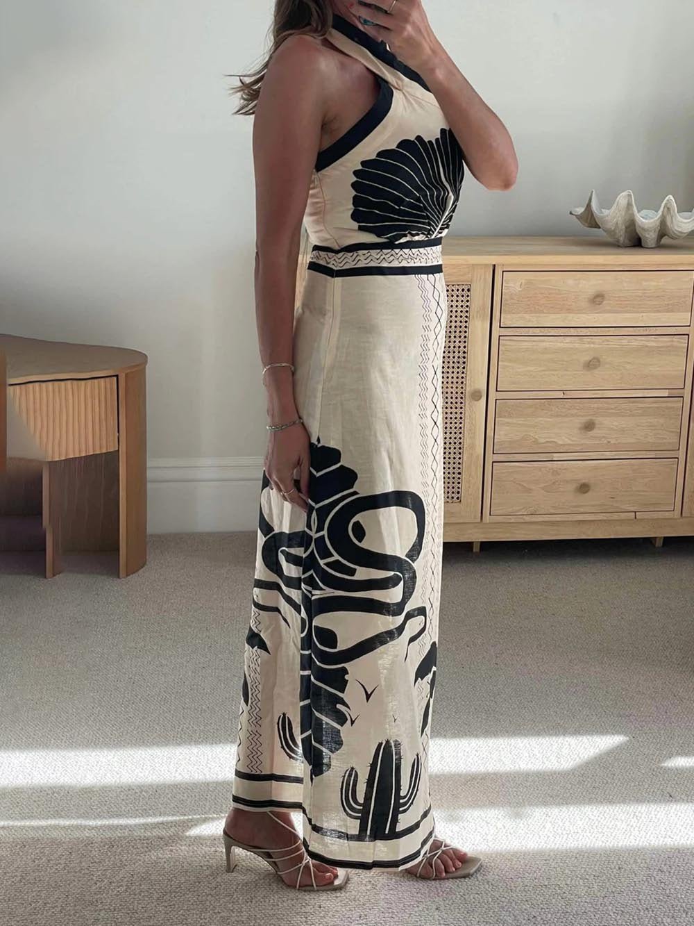 Elegant And Sexy Ethnic Print Slim-Fit Halter Neck Maxi Dress Dresses