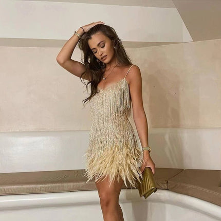 Women's Sequin Feather Mini Dress Gold Dresses