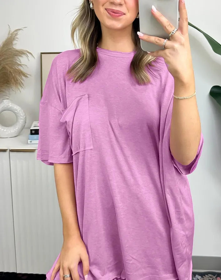 Janessa Boxy Raw Edge Tee – Oversized Top Purple Top