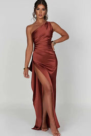 Marigold One-Shoulder Satin Midi Dress Bronze Group2502