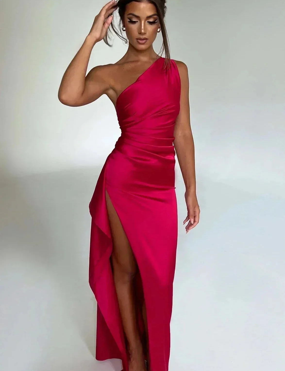 Marigold One-Shoulder Satin Midi Dress Dark pink Group2502