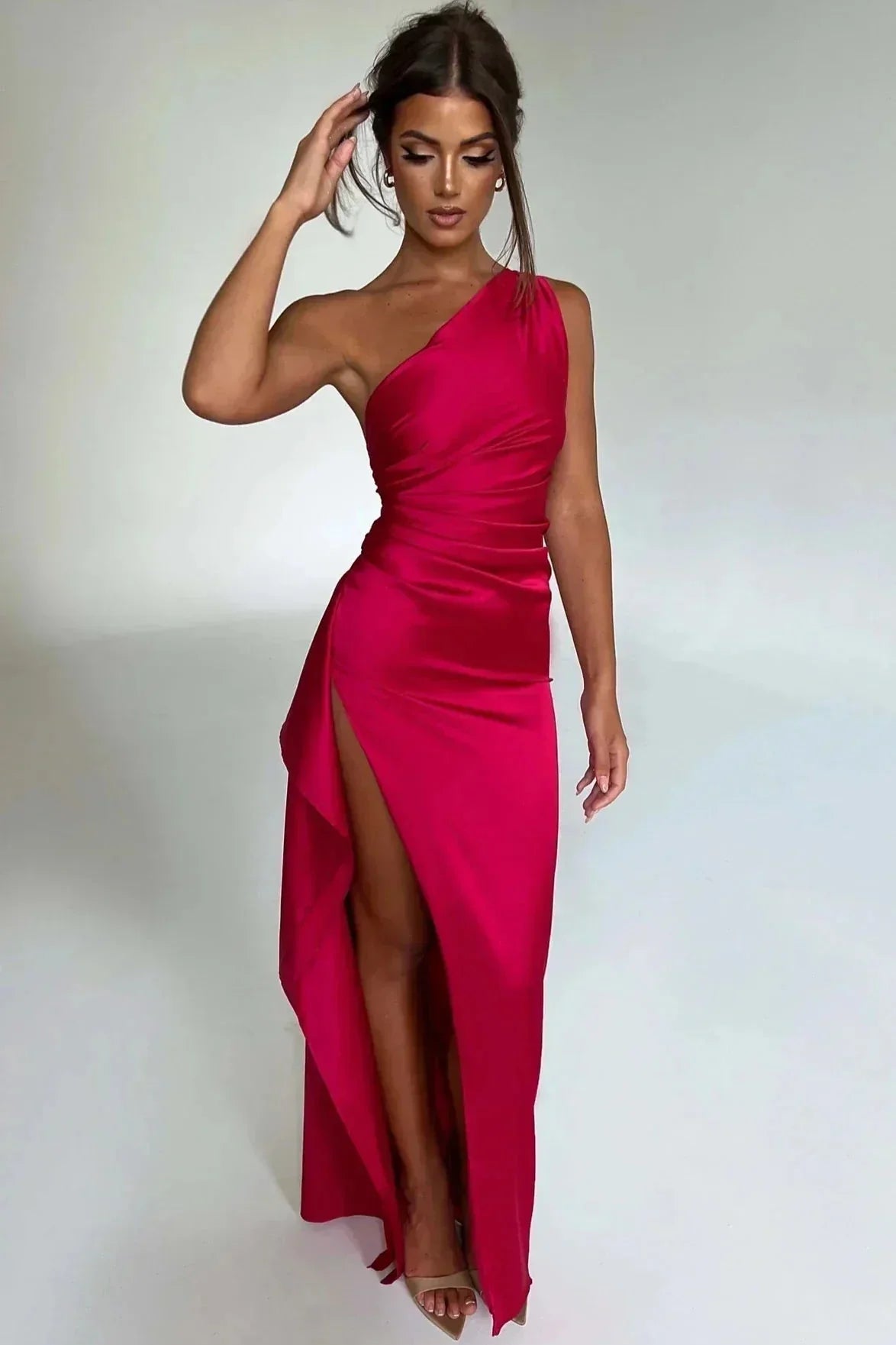 Marigold One-Shoulder Satin Midi Dress Dark pink Group2502