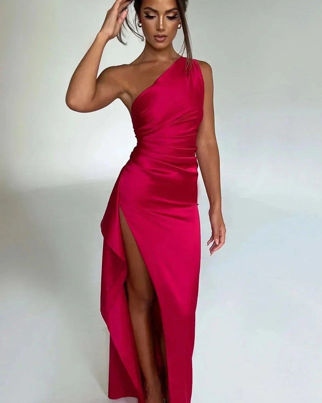 Marigold One-Shoulder Satin Midi Dress Dark pink Group2502