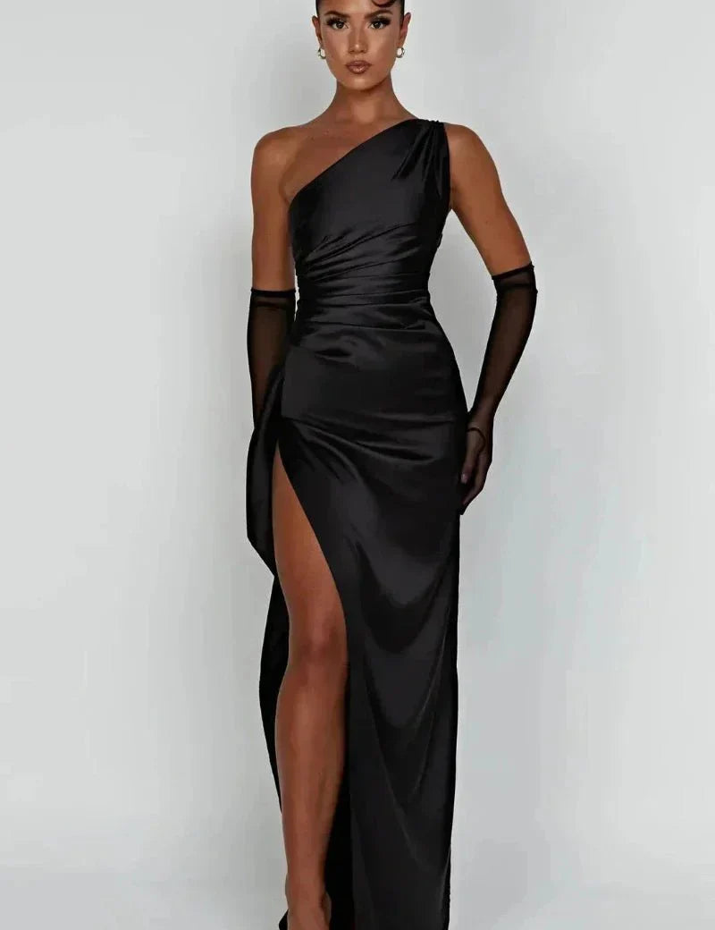 Marigold One-Shoulder Satin Midi Dress Black Group2502