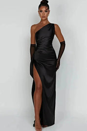 Marigold One-Shoulder Satin Midi Dress Black Group2502