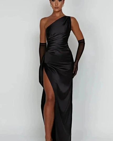 Marigold One-Shoulder Satin Midi Dress Black Group2502