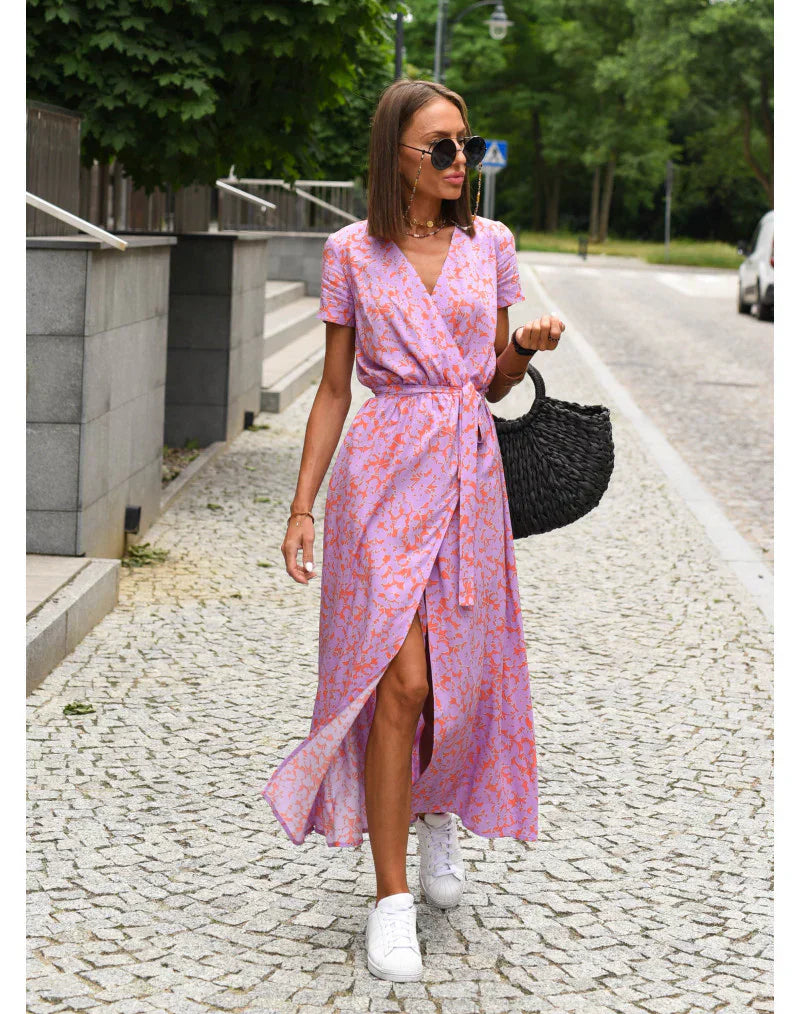 Lara | Stylish V-neck Sexy Split Dress Helles Rose Dress