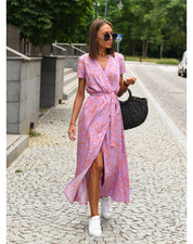 Lara | Stylish V-neck Sexy Split Dress Helles Rose Dress
