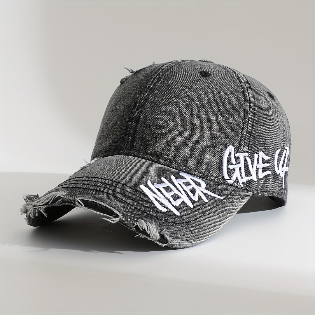 Never Give Up Distressed Cap Black Hats