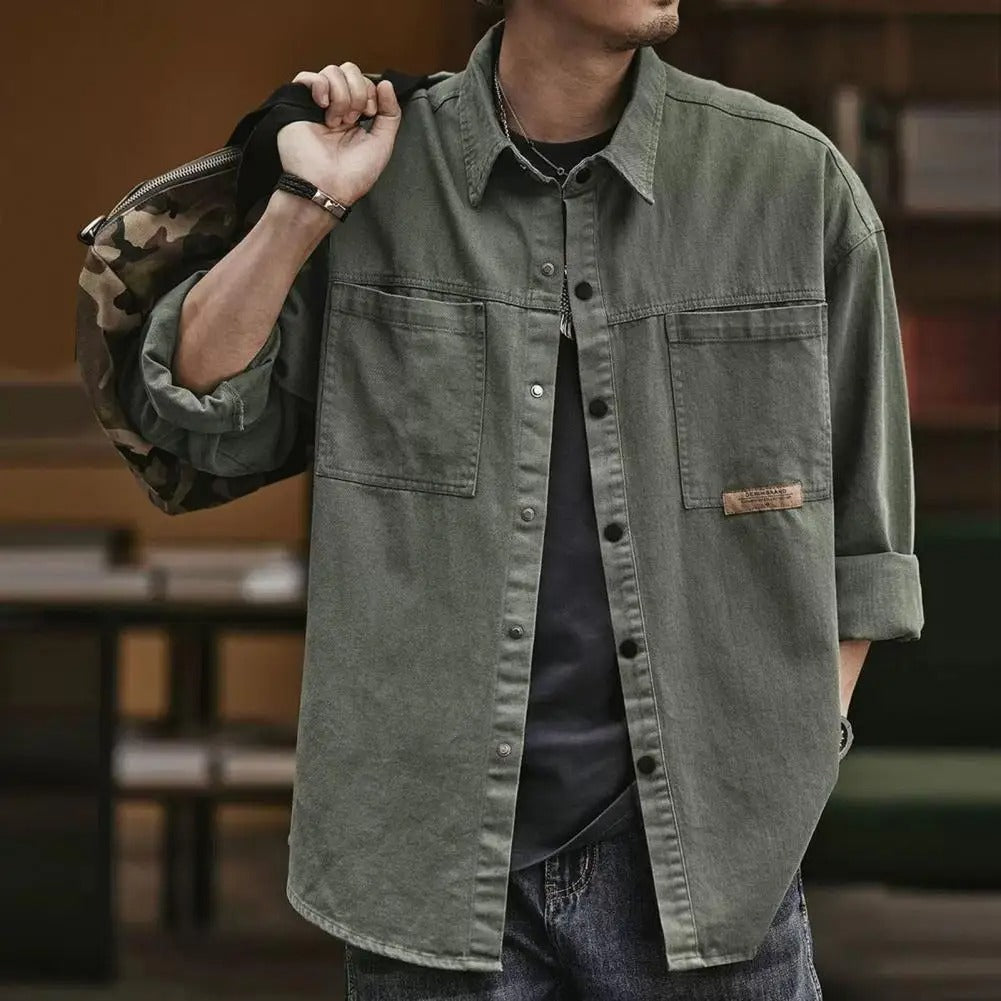 Retro Style Button-Up Shirt Army Green Shirts