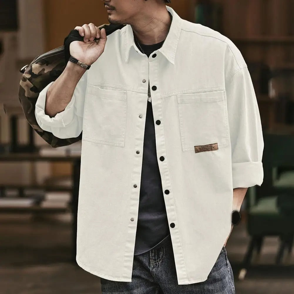 Retro Style Button-Up Shirt Beige Shirts