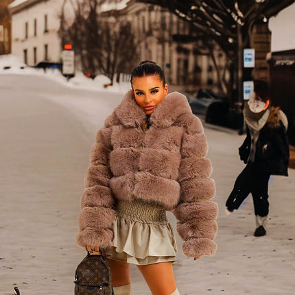 Fluffy Short Faux Fur Coat Brown Fox Fur Coat