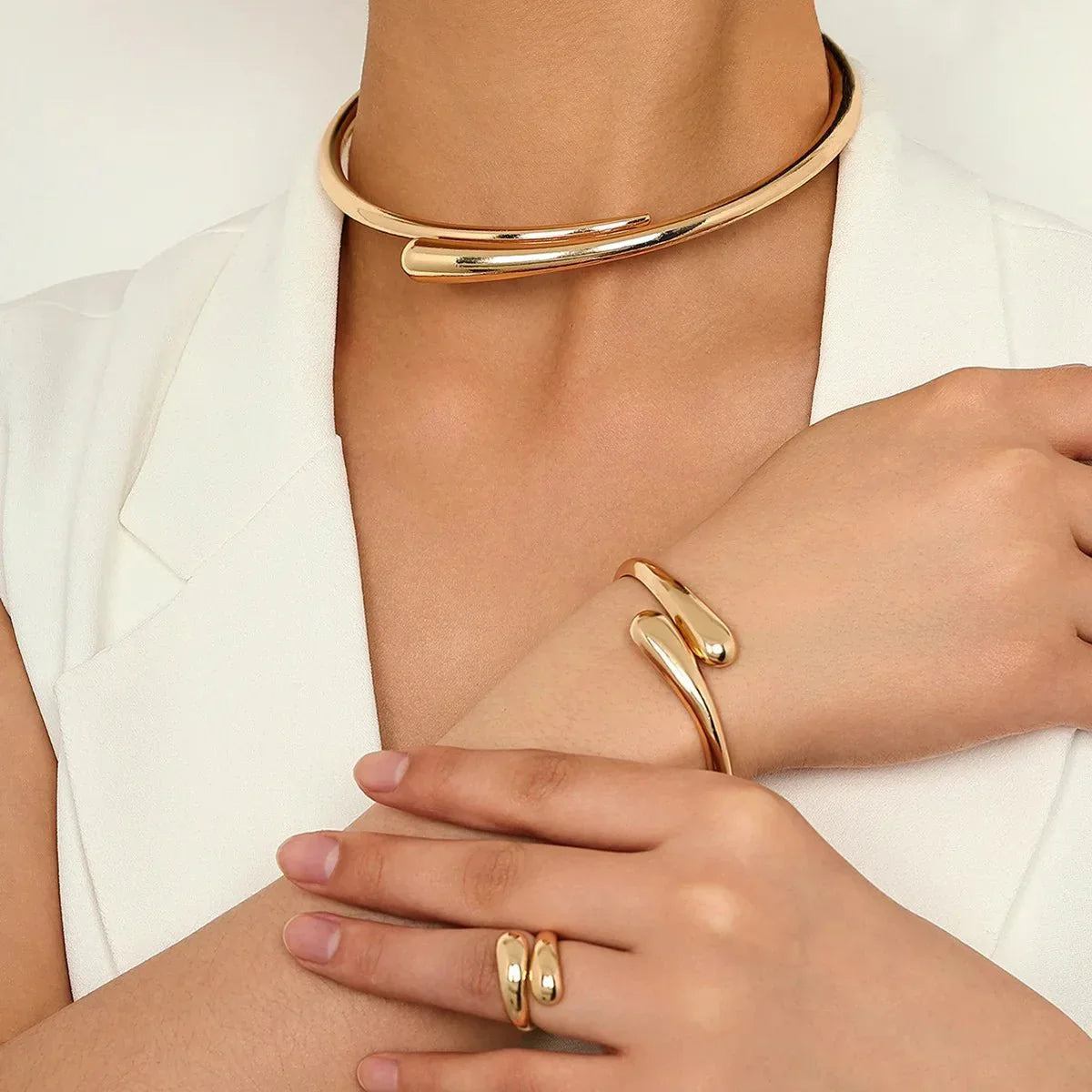 Modern Wrap Choker Necklace, Bracelet, Ring Set Full Gold Set