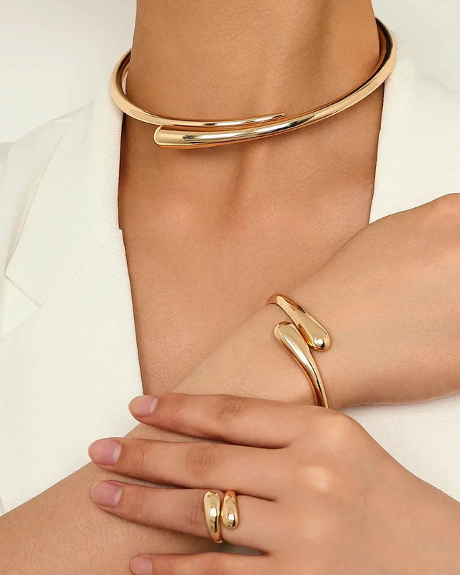 Modern Wrap Choker Necklace, Bracelet, Ring Set Full Gold Set