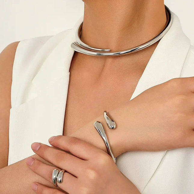 Modern Wrap Choker Necklace, Bracelet, Ring Set Full Silver Set