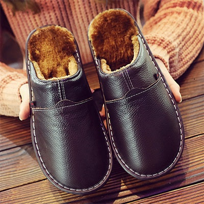 Women's Waterproof Leather Slippers Black Shoes