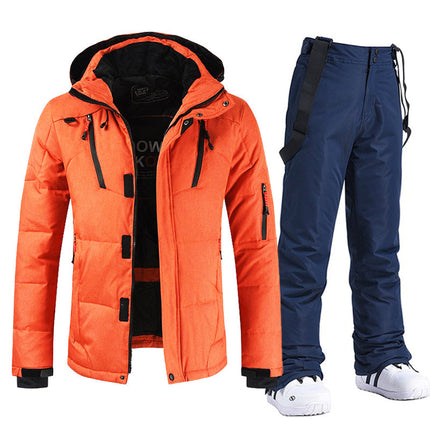 Men's Windproof and Waterproof Ski Suit with Hood and Bib Pants Orange and navy blue Jacket
