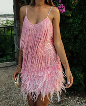 Nika | Sequin Fringe Feather Dress Rosa Dresses