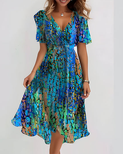 Short-Sleeve A‑Line Midi Dress Blue Dresses