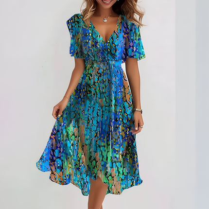 Short-Sleeve A‑Line Midi Dress Blue Dresses
