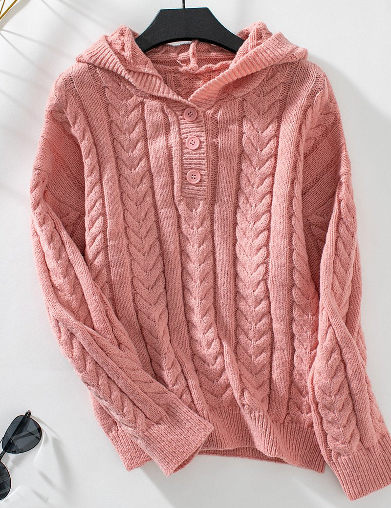 Vintage Hooded Knitted Sweater Pink Sweaters